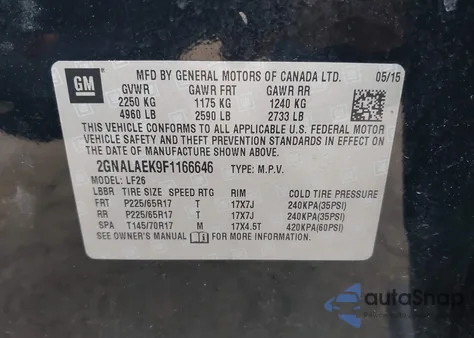 2015 Chevrolet Equinox Ls из США, поврежденный, VIN 2GNALAEK9F1166646